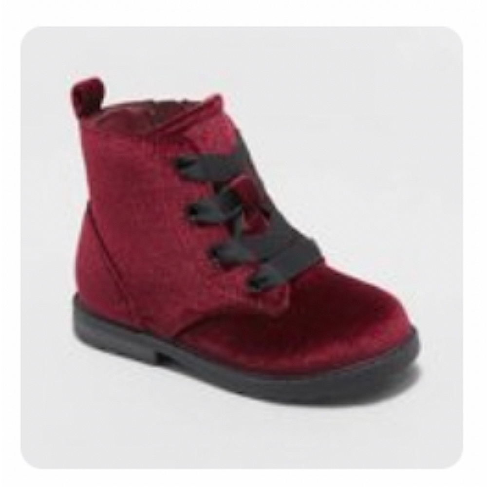 Cat & Jack Toddler Girls Size 6 Burgundy Lace-Up Zipper Velvet Combat Boots
